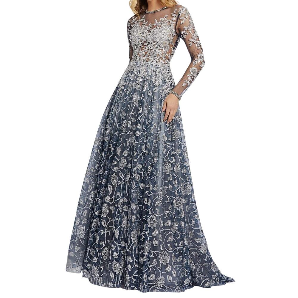 Mac Duggal Manhattan Floral Embroidered A-Line Gown in Blue, Size US 8